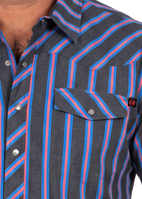 Close up of a striped tek western pearl snap pocket