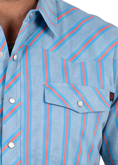 Close up of a blue stripe pearl snap pocket shirt.