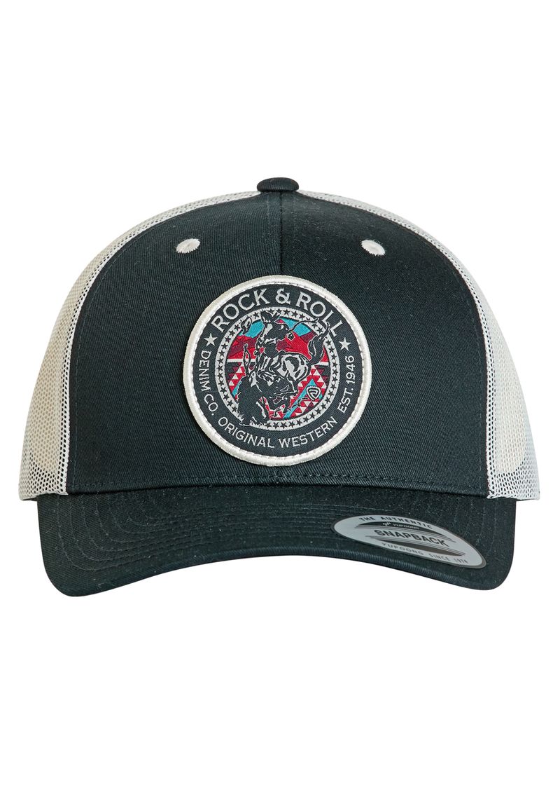 The Rock & Roll Saddle Bronc Cap by Rock & Roll Denim is a black and white mesh snapback featuring a round patch with a bull skull and red lightning bolts, combining style and comfort.