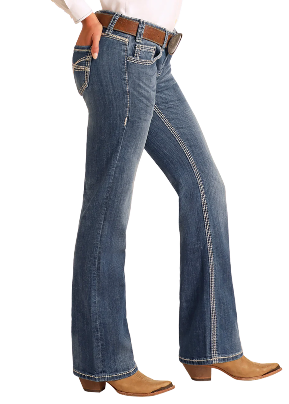 Blue jeans worn by a person on a white background