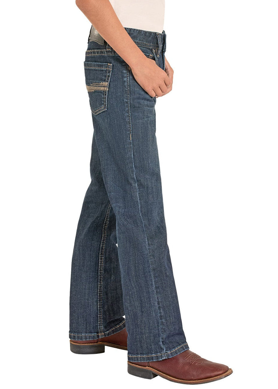 Child wearing a cowboy hat, white shirt, blue jeans, and brown boots on a white background
