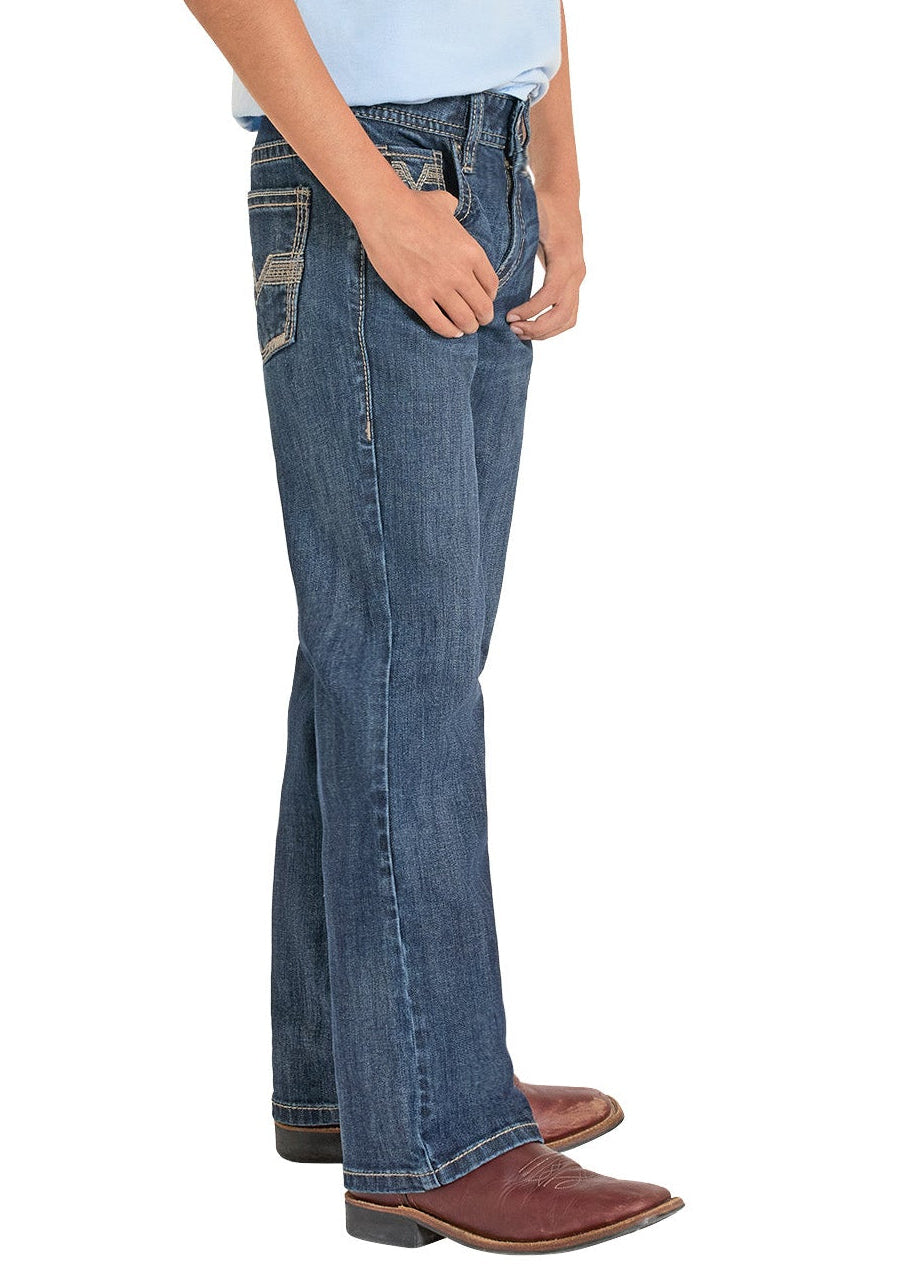 Child wearing a light blue t-shirt, denim jeans, and a cowboy hat on a white background