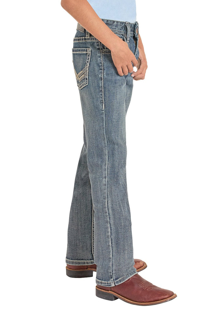 Person wearing a light blue shirt, denim jeans, and a cowboy hat on a white background