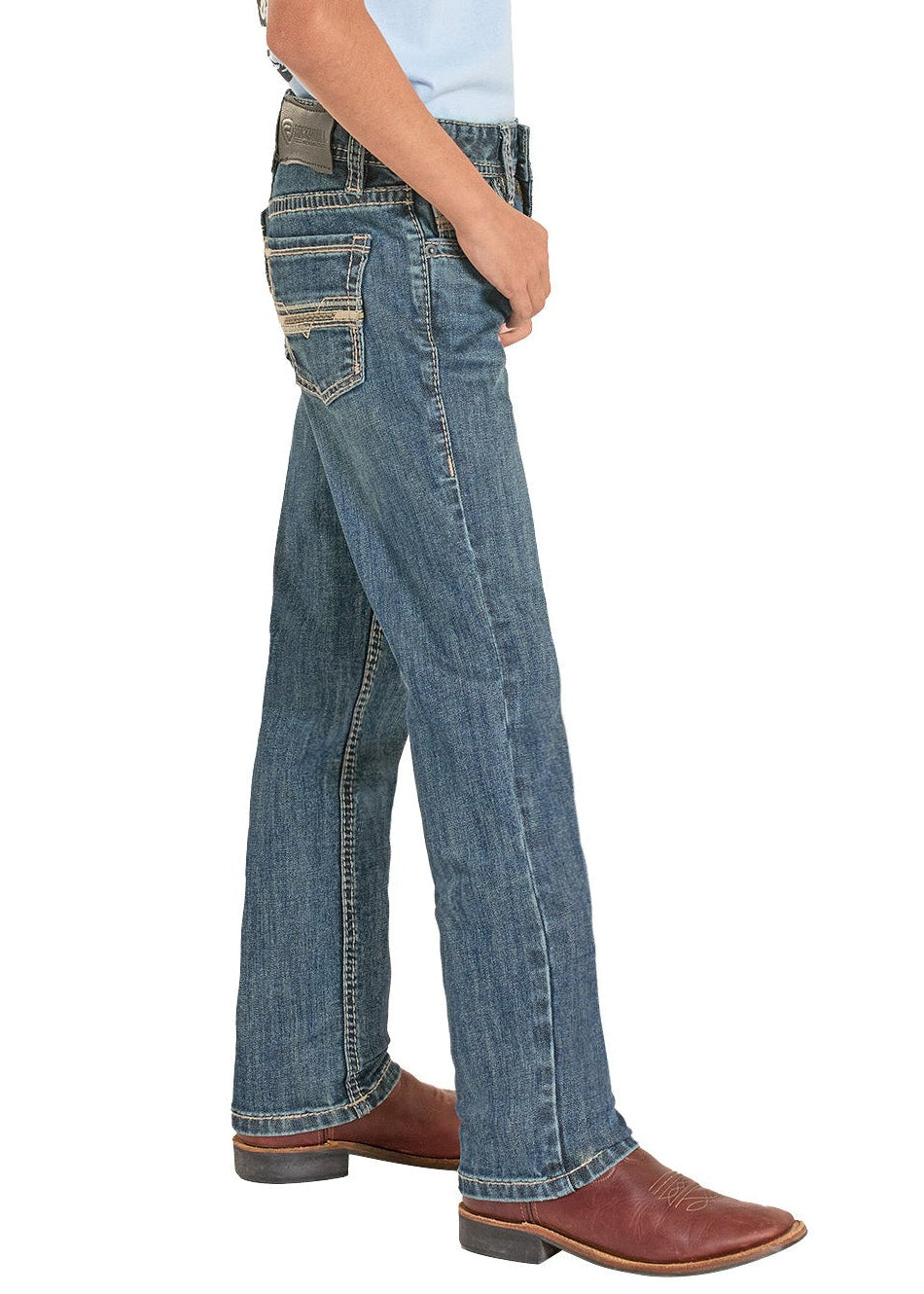 Child wearing a cowboy hat, light blue shirt, and jeans on a white background