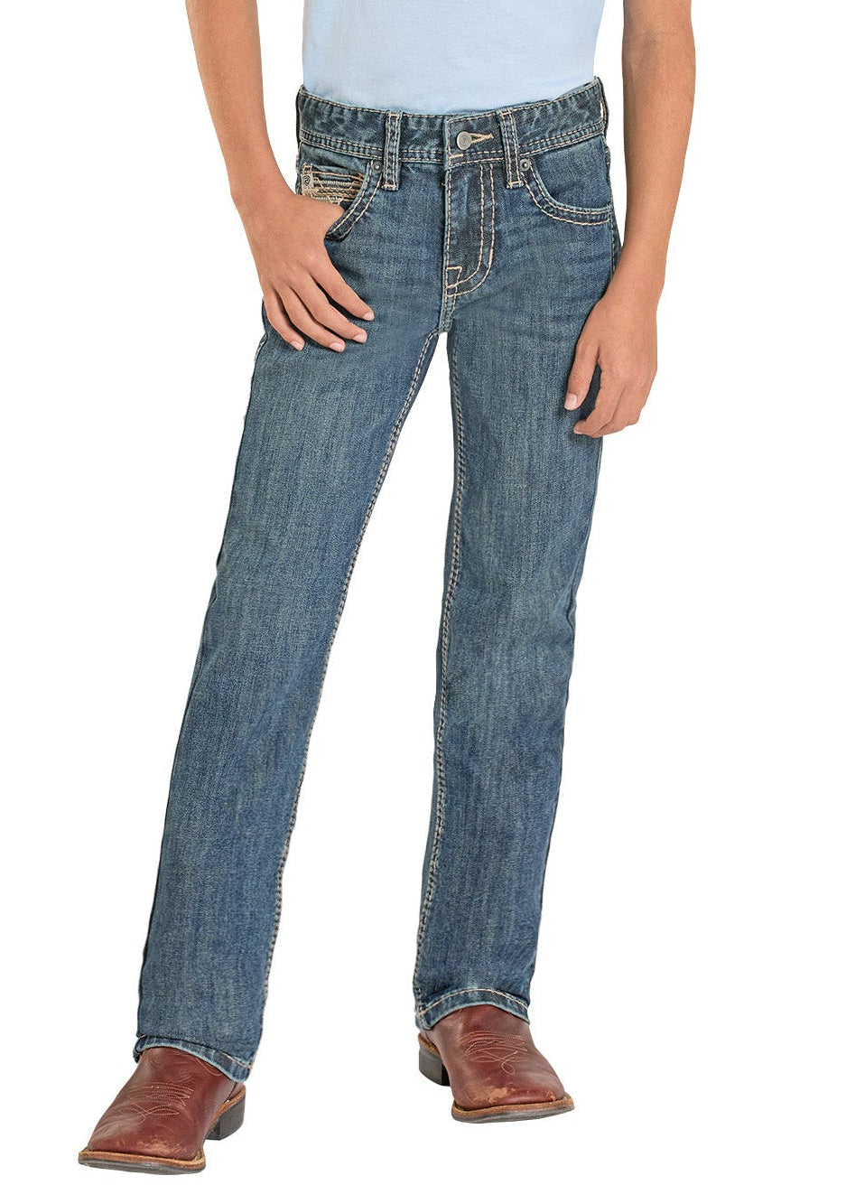 Child wearing a light blue t-shirt, jeans, and a cowboy hat on a white background