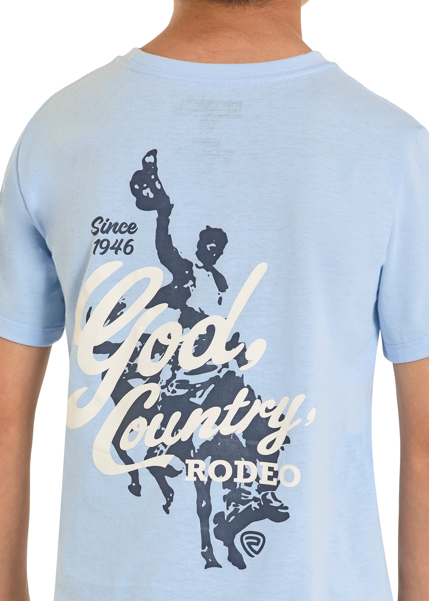 Light blue t-shirt with graphic design and text on a person wearing it.
