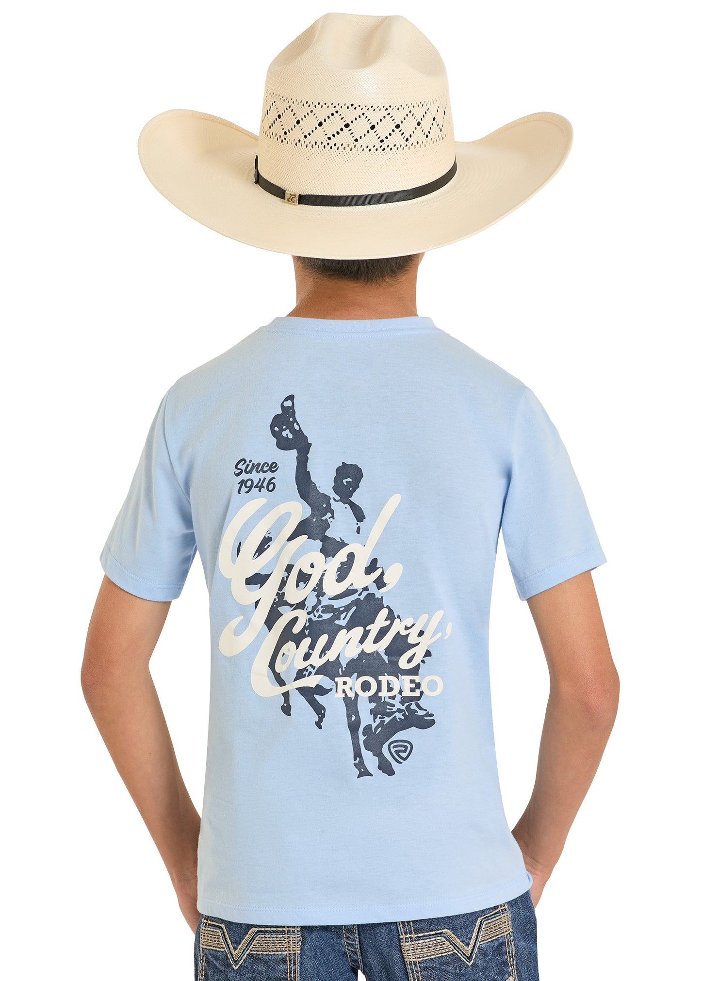 Person wearing a light blue t-shirt with 'Good Country Rodeo' graphic and a cowboy hat on a white background