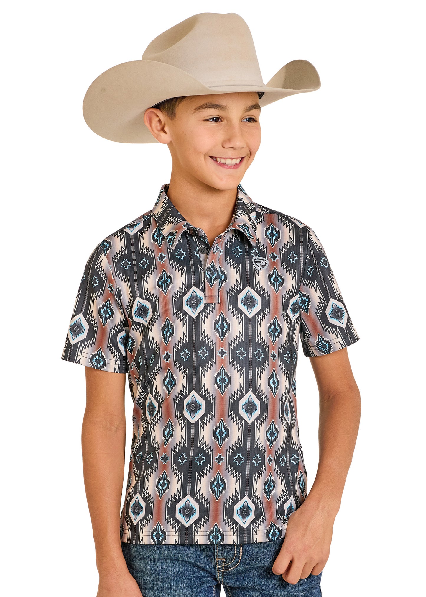 Child wearing a patterned shirt and cowboy hat on a white background