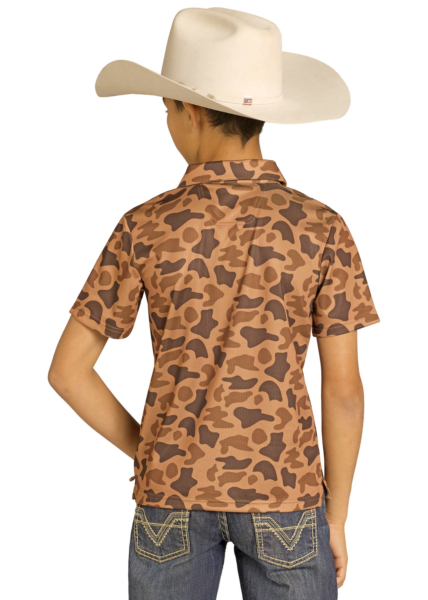 Person wearing a brown camouflage shirt and white cowboy hat on a white background