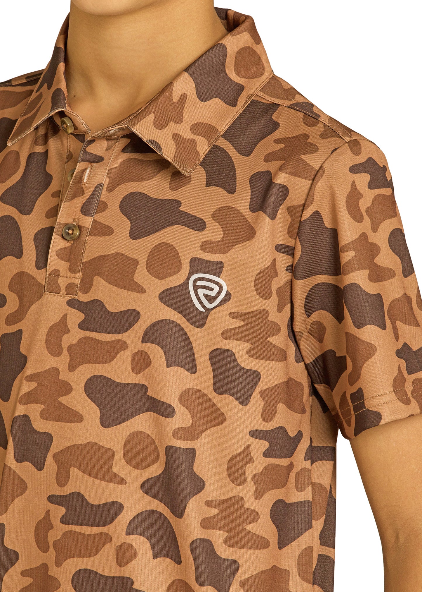 Camouflage-patterned polo shirt with a brand logo on a white background