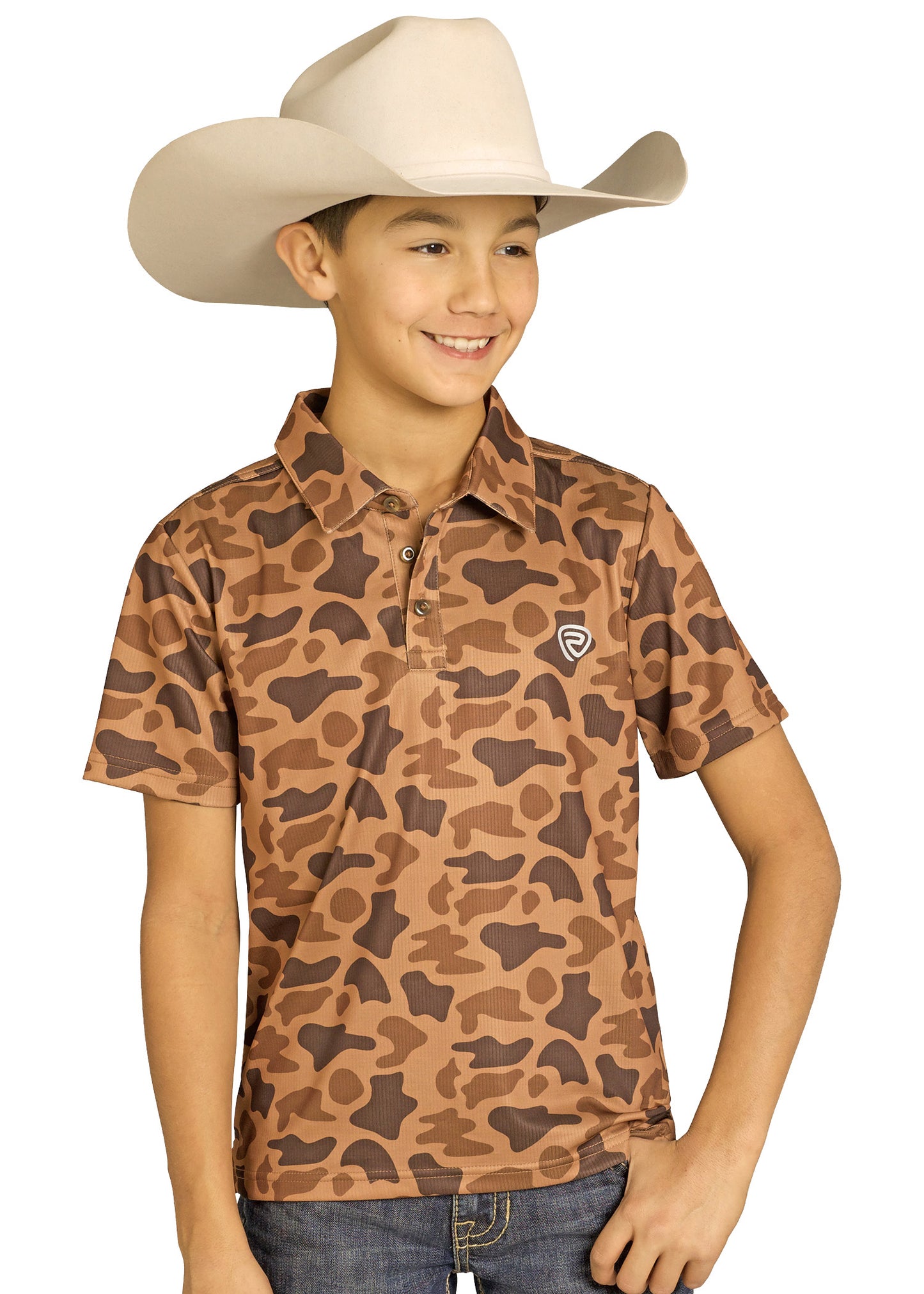 Child wearing a camouflage polo shirt and cowboy hat on a white background