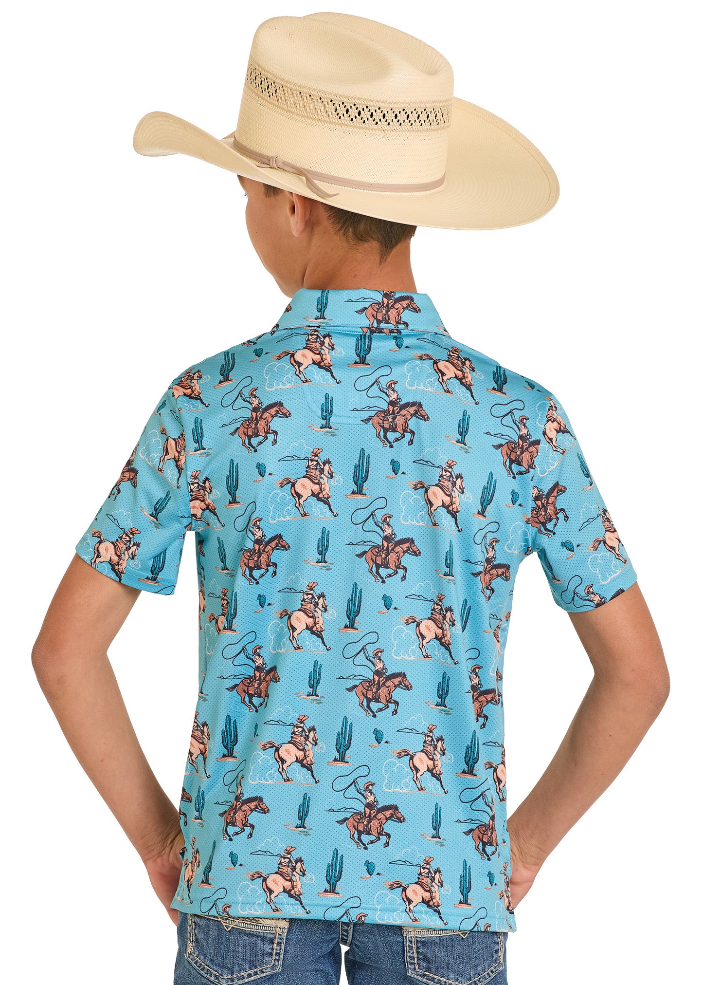 Child wearing a blue cowboy shirt with patterns and a beige cowboy hat on a white background