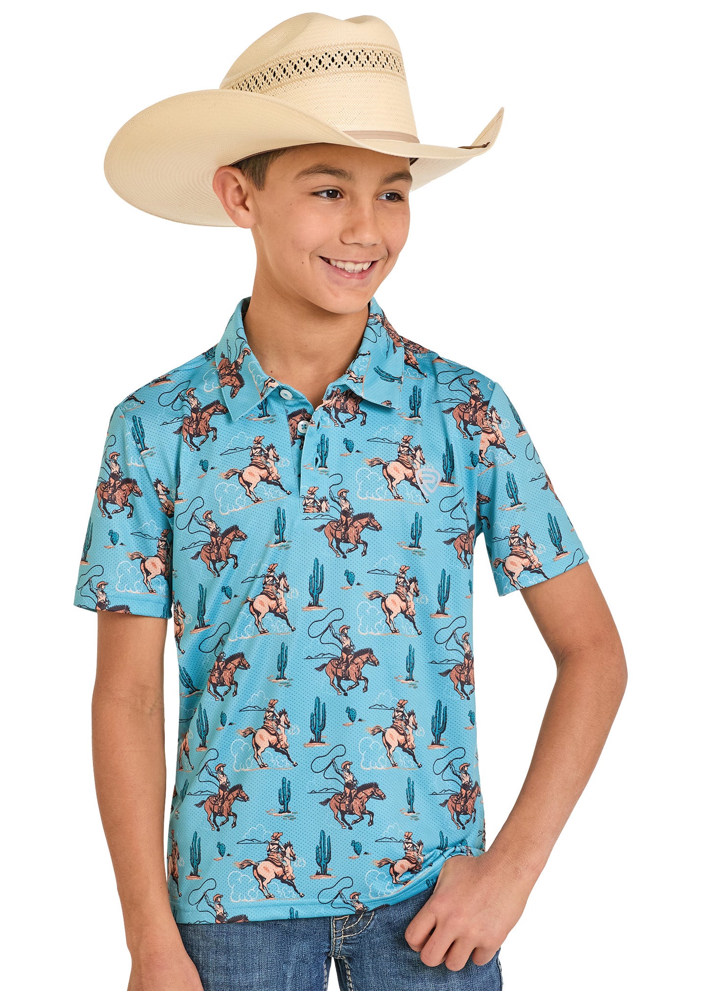 Child wearing a blue cowboy-themed shirt with a white background