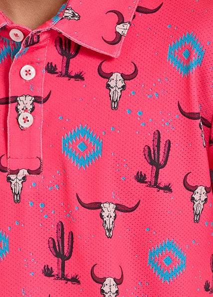 Child wearing a pink polo shirt with cowboy hat on a white background