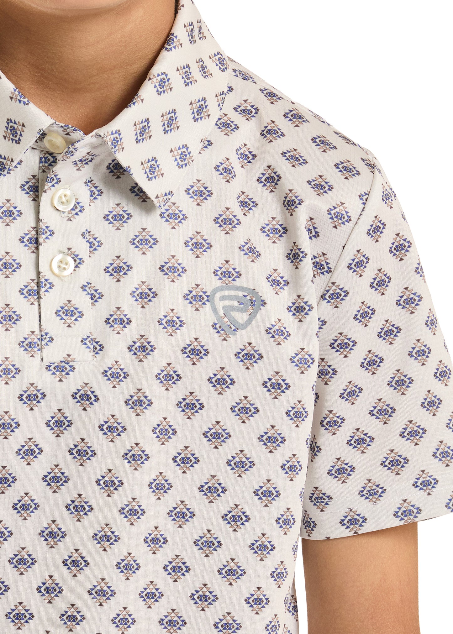 Close-up of a patterned polo shirt with a brand logo on a white background