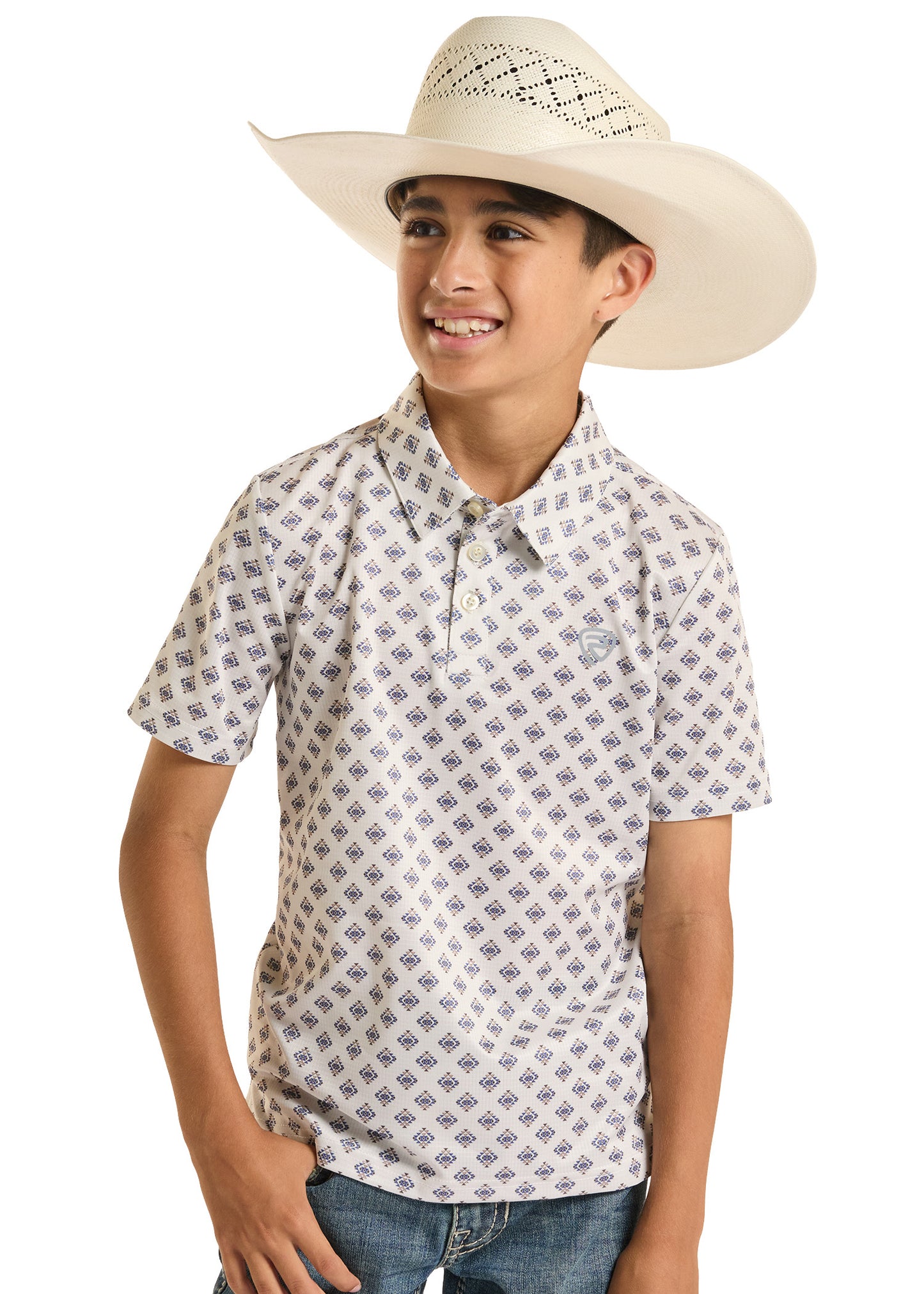 Child wearing a patterned shirt and cowboy hat on a white background