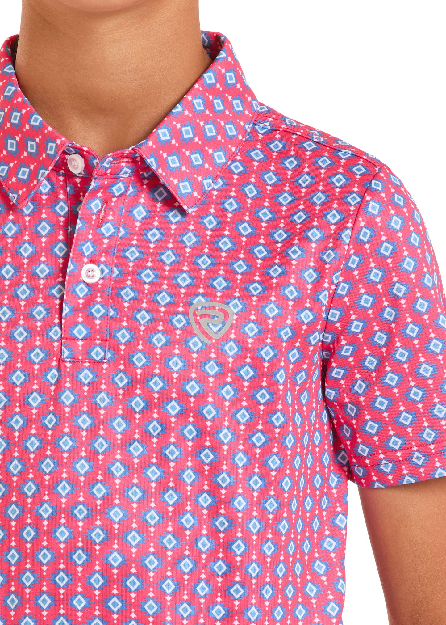 Close-up of a red and blue patterned shirt with a brand logo on a white background