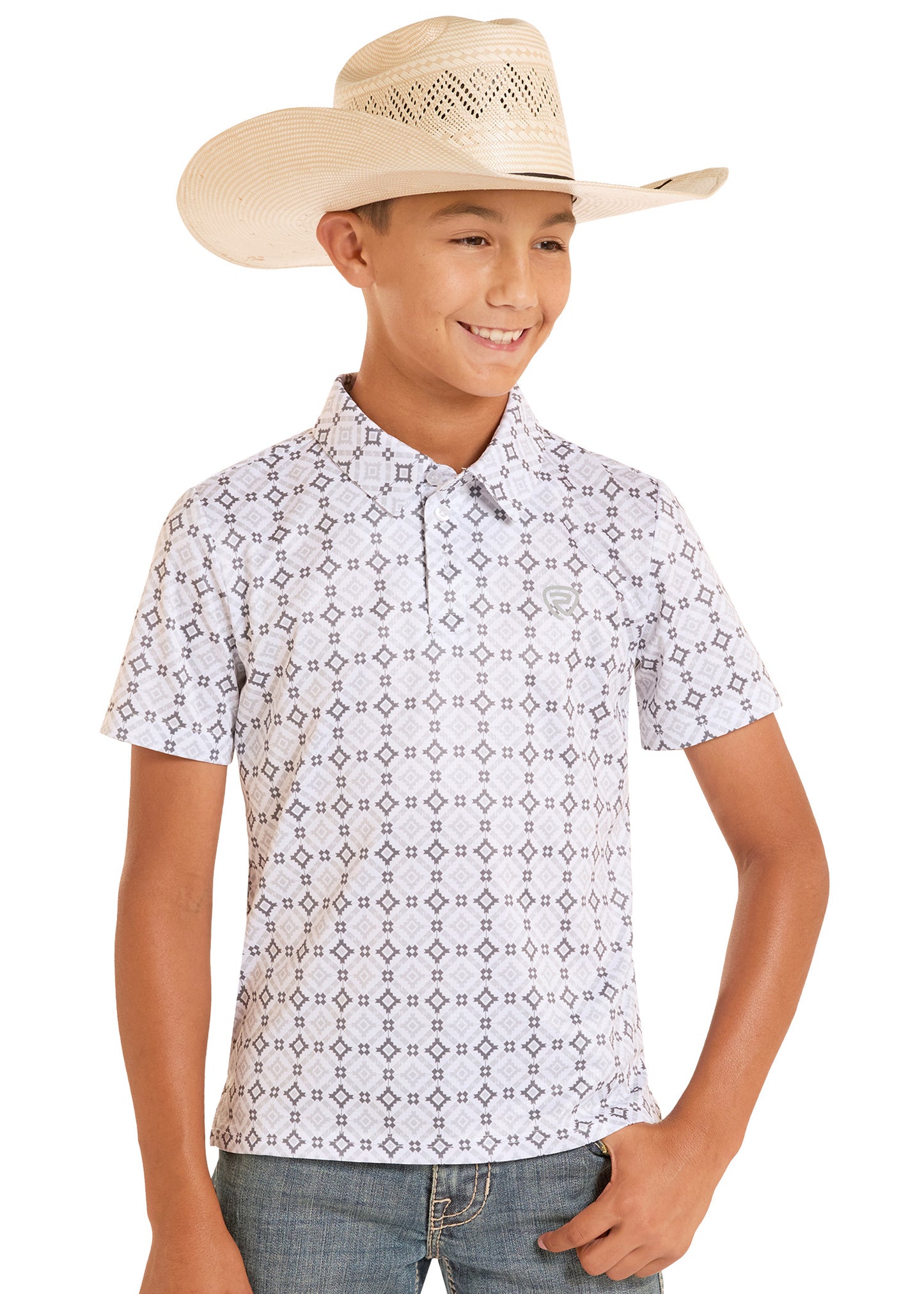 Child wearing a patterned shirt and cowboy hat on a white background