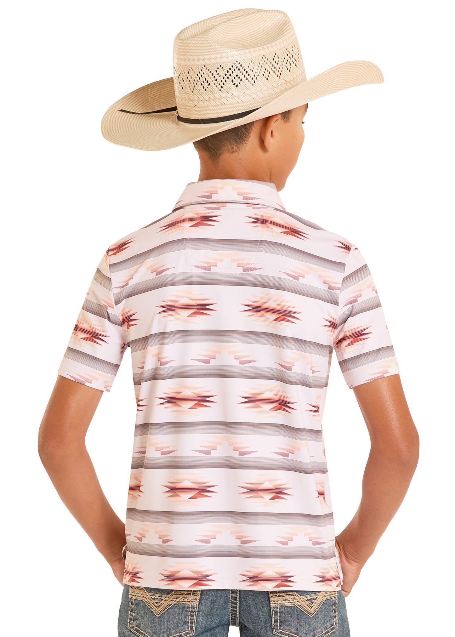 Person wearing a patterned shirt and cowboy hat on a white background