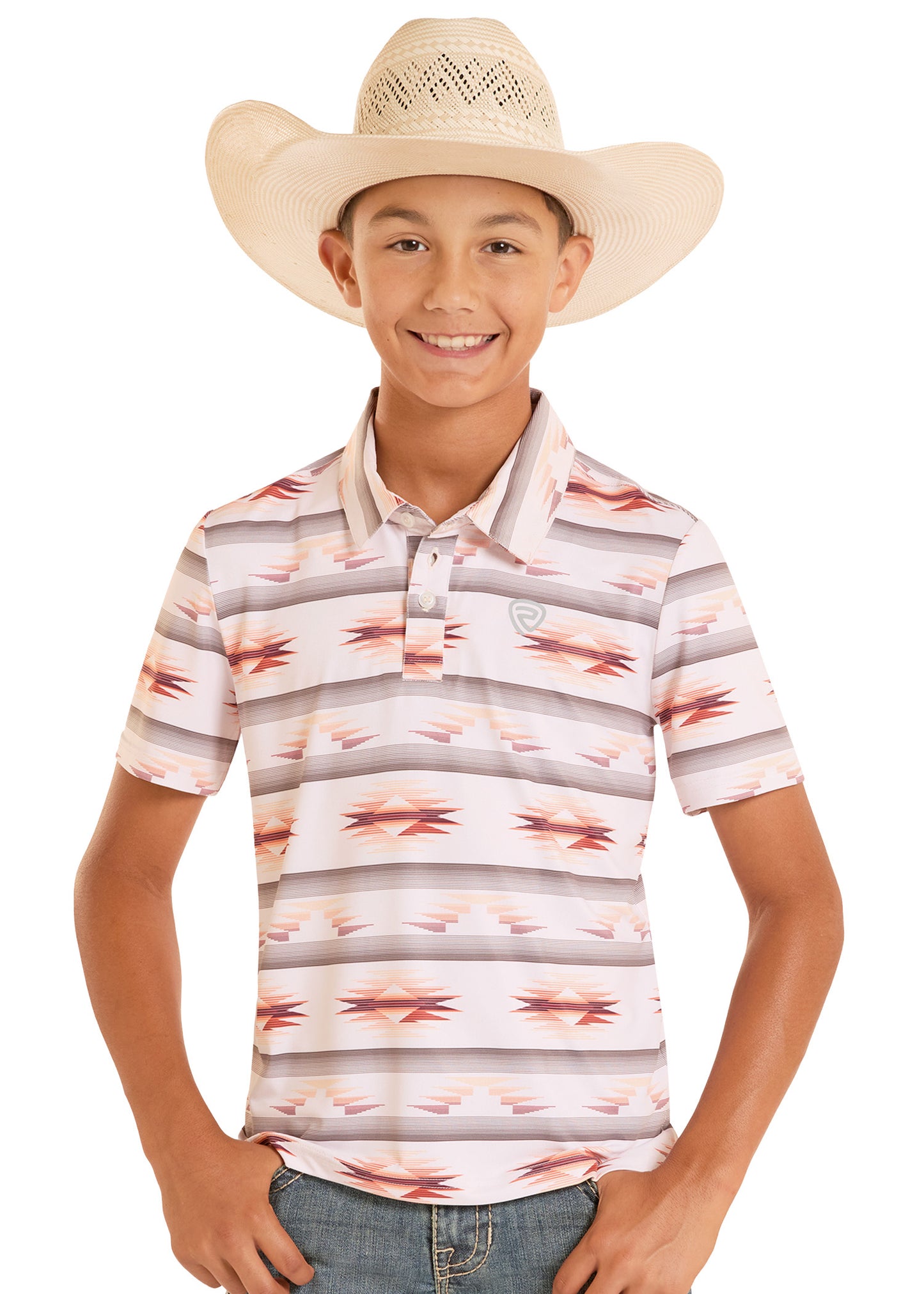 Child wearing a patterned polo shirt and cowboy hat on a white background