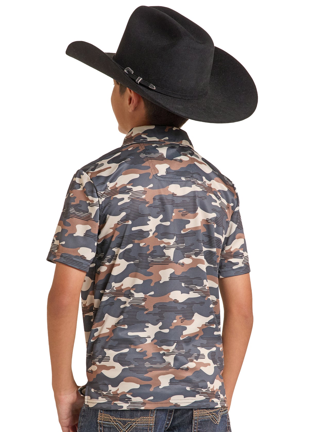 A child viewed from the back wearing a black cowboy hat, a short-sleeve camouflage button-up shirt in blue, brown, and beige tones, and blue jeans against a plain white background.