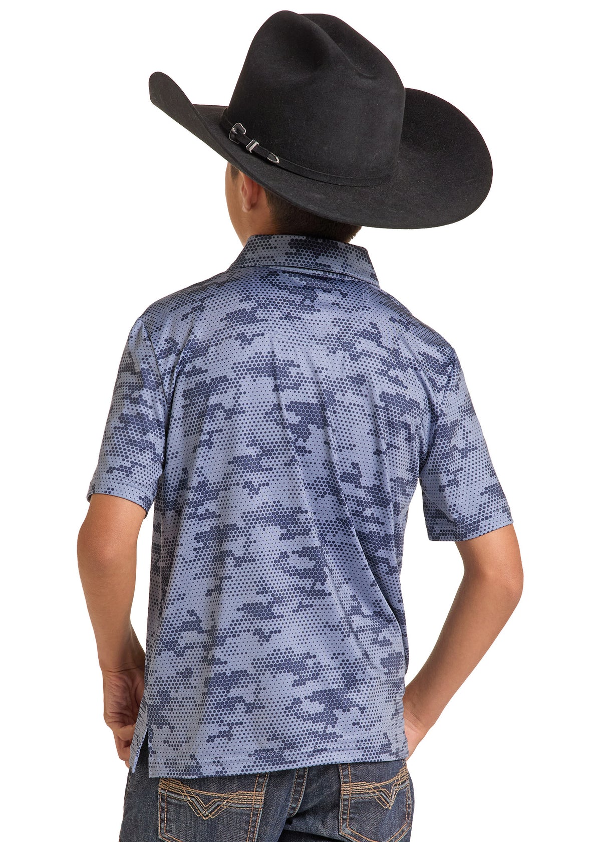 A child viewed from the back wearing a black cowboy hat, a short-sleeve collared button-up shirt with a blue and gray digital camouflage pattern, and blue jeans against a plain white background.
