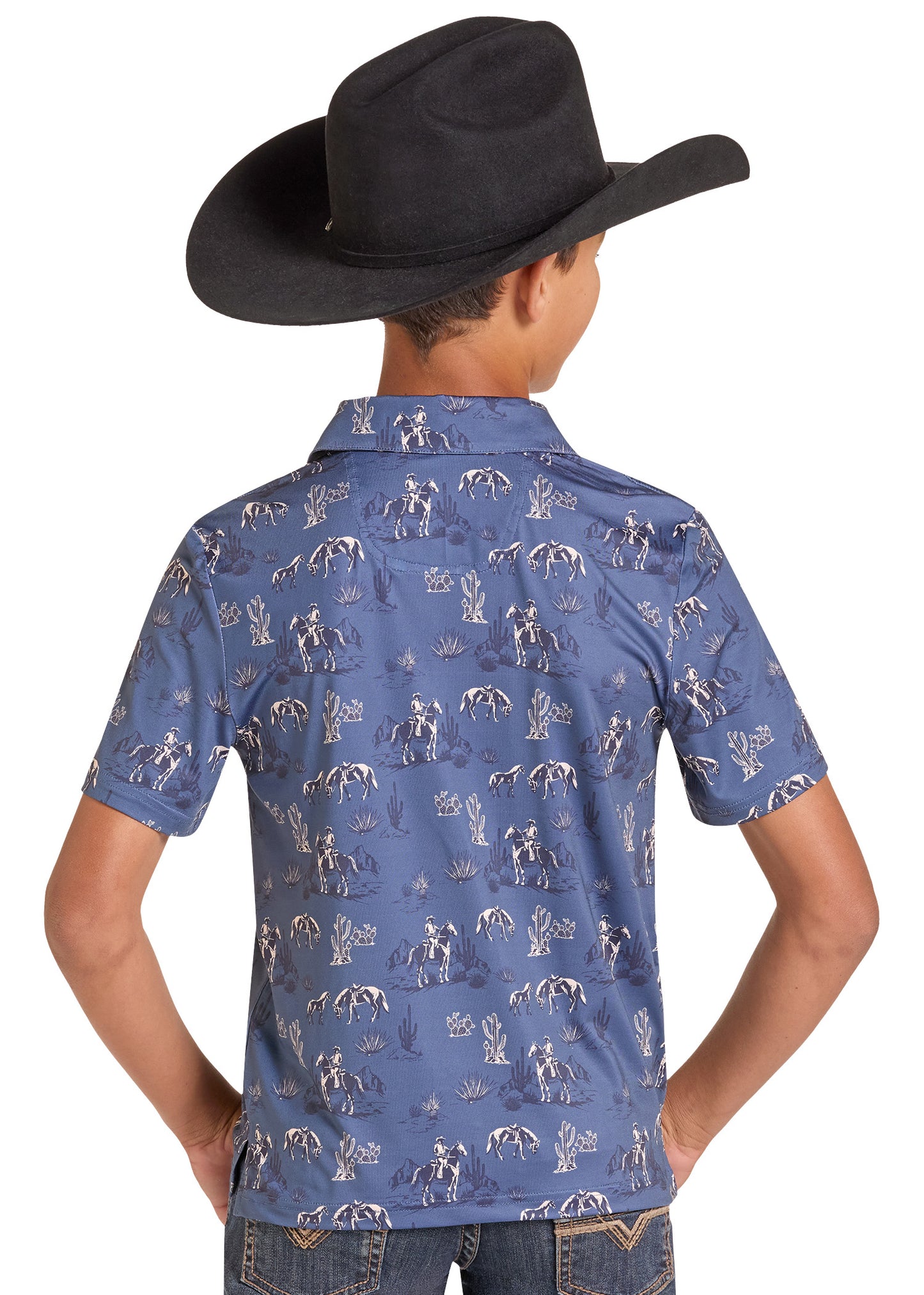 A child wearing a blue short-sleeve button-up shirt with a cowboy-themed print, shown from the back. The shirt features a repeating pattern of cowboys on horseback under umbrellas.
