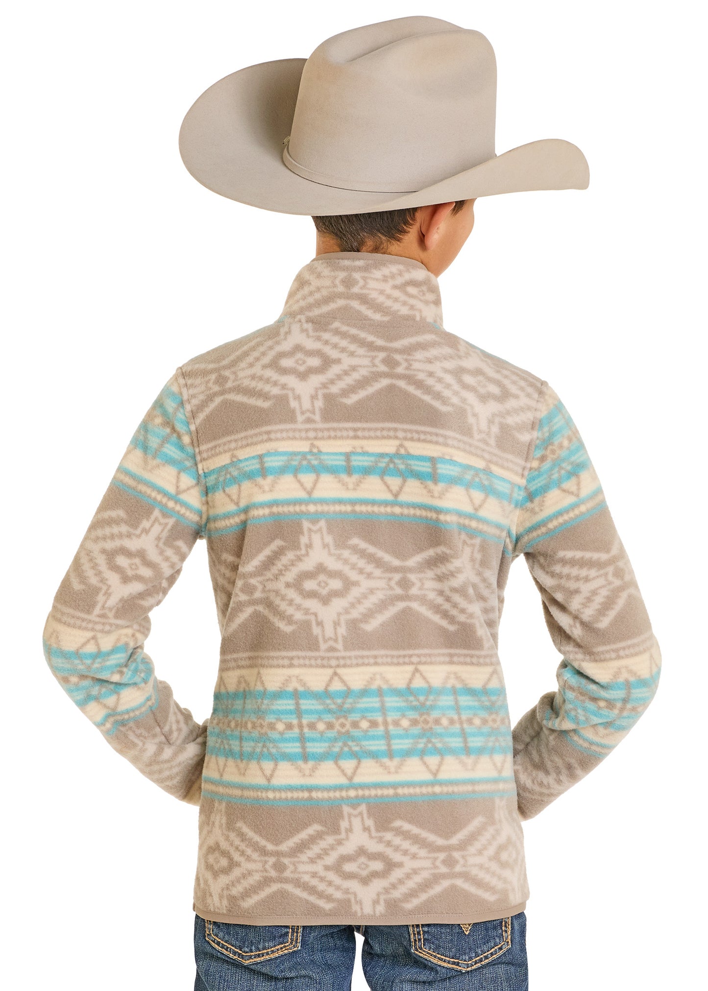 Person wearing a patterned long-sleeve shirt and cowboy hat on a white background