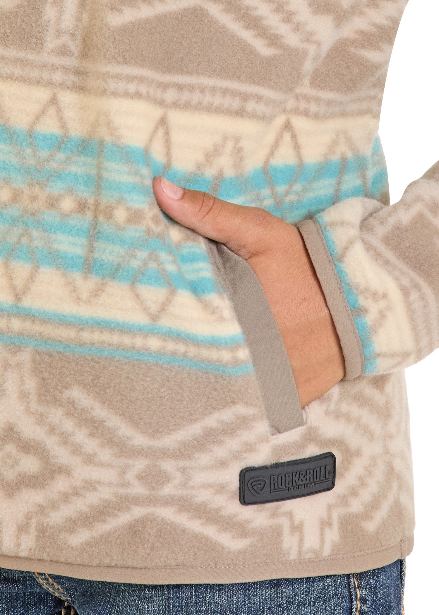 Close-up of a fleece jacket with a patterned design and a visible brand logo.