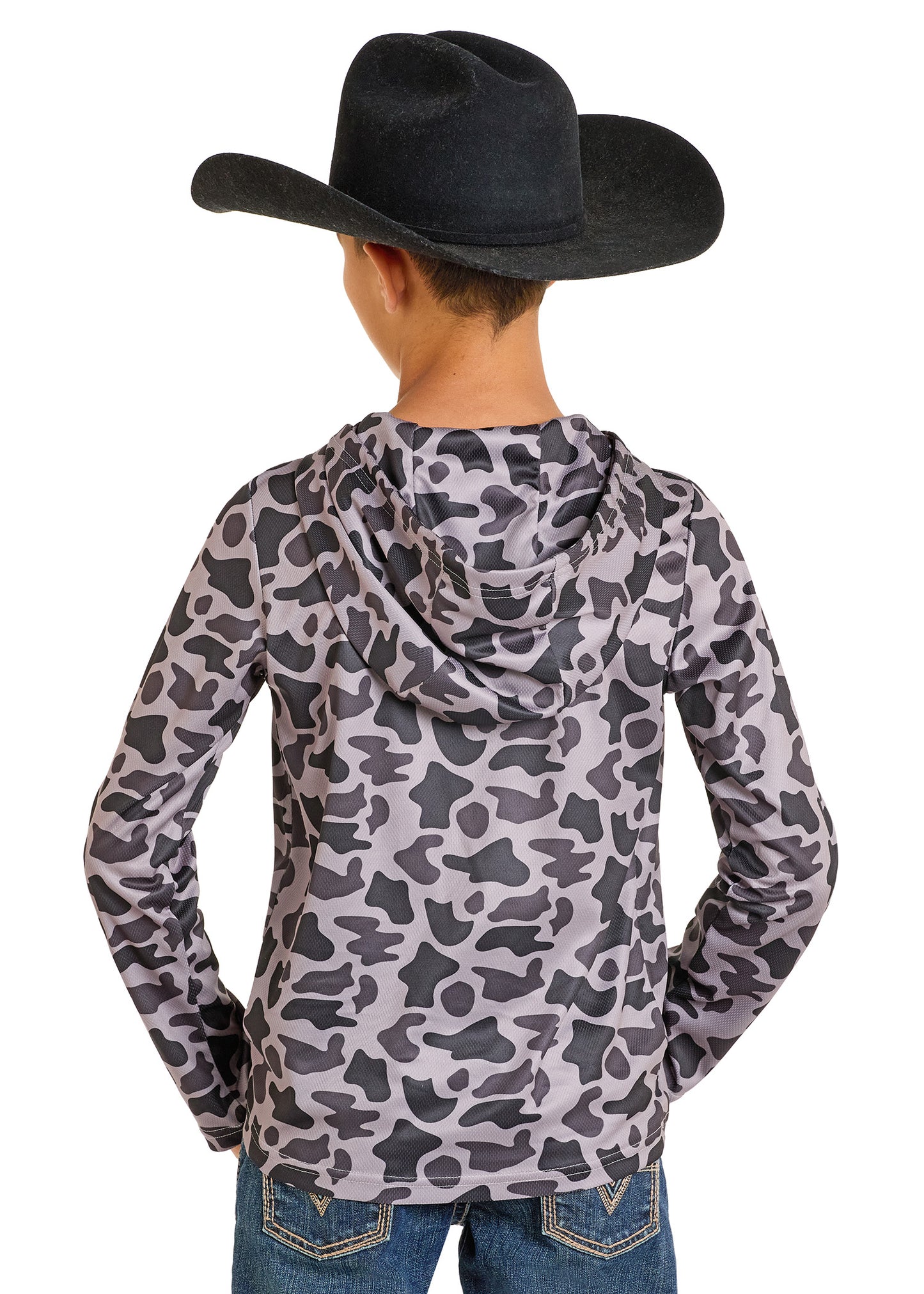 Person wearing a camouflage hoodie and black cowboy hat on a white background