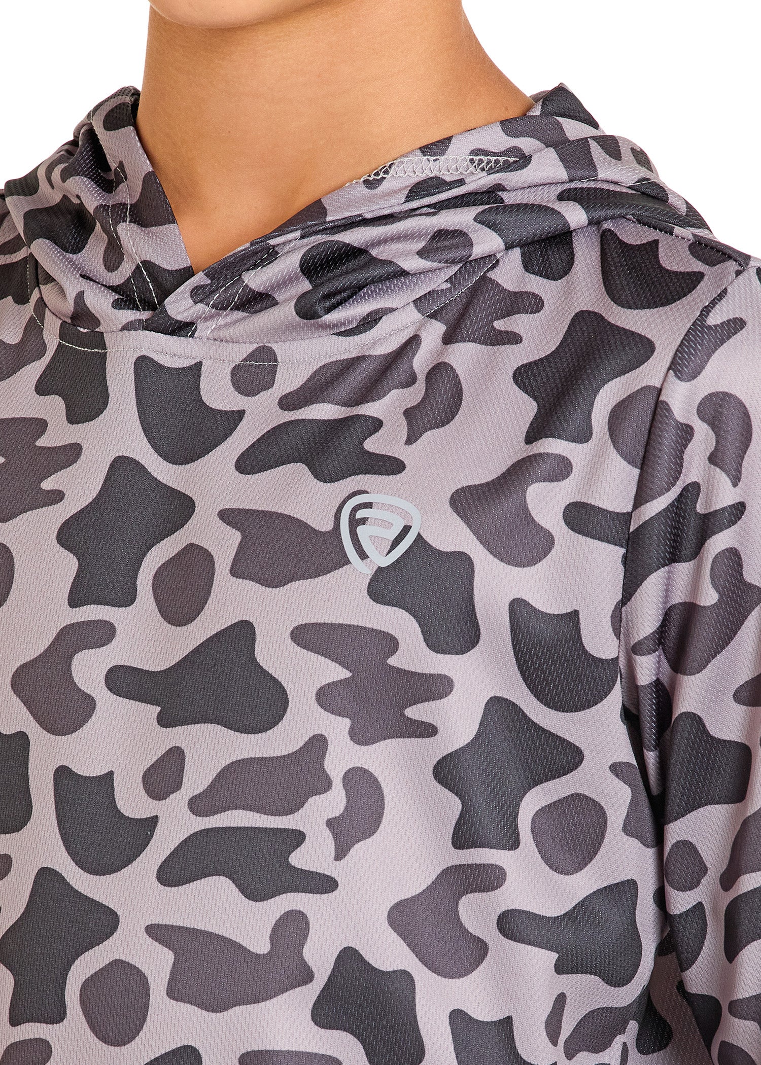 Camouflage-patterned hoodie with a brand logo on a neutral background