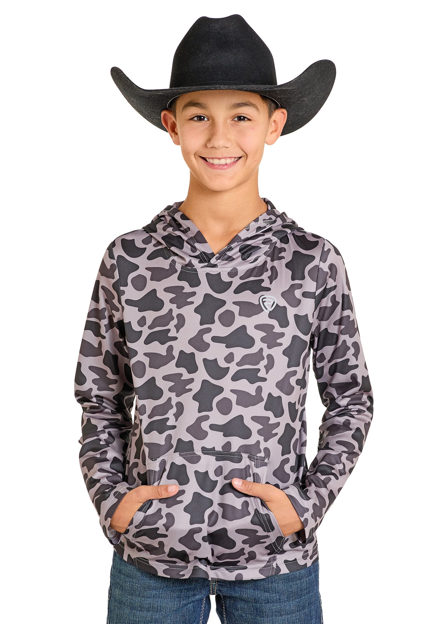 Child wearing a camouflage hoodie and black cowboy hat on a white background