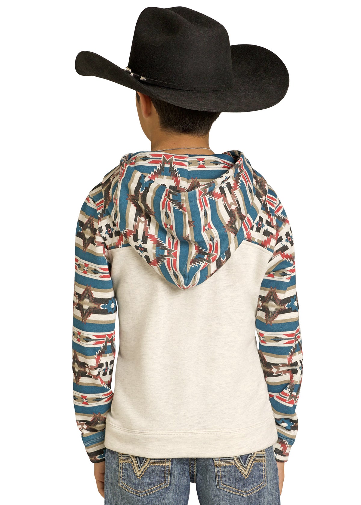 Person wearing a cowboy hat and a patterned hoodie with a white shirt underneath on a white background