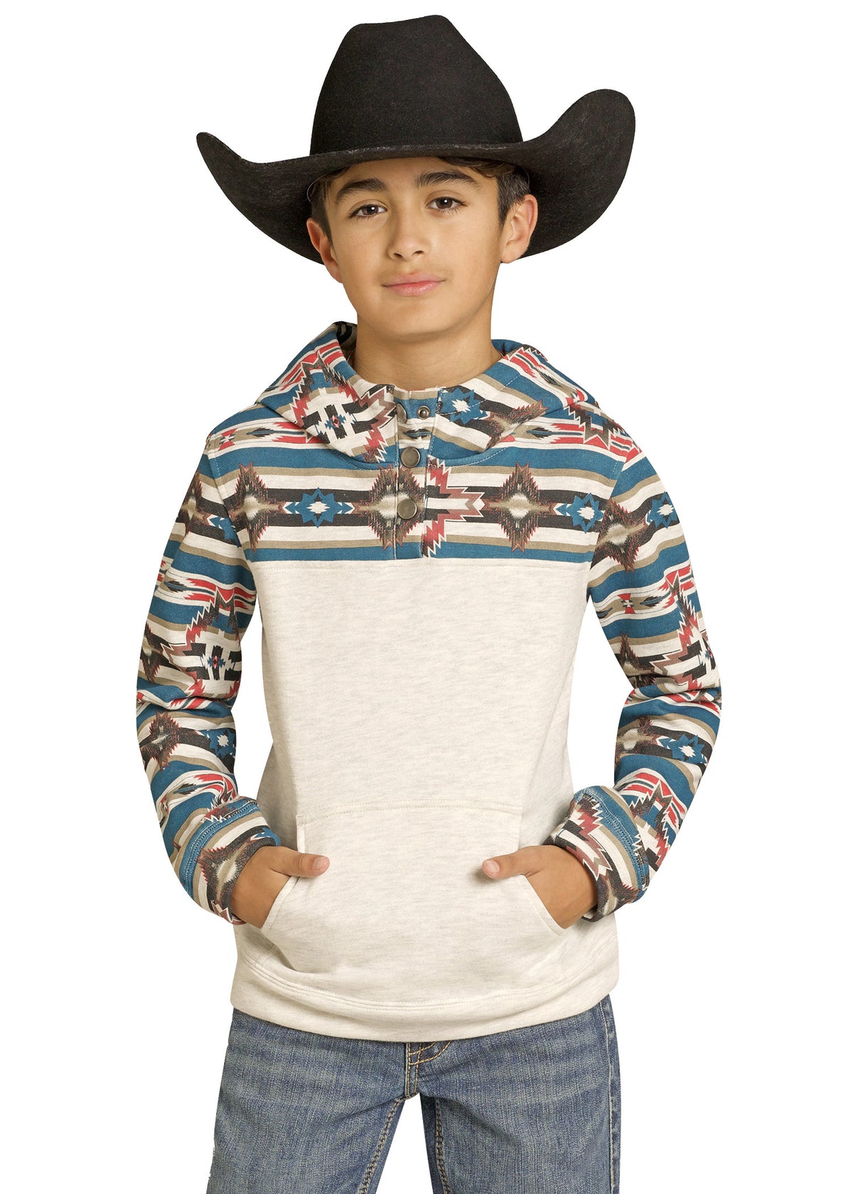 Child wearing a patterned hoodie with a white shirt underneath, blue jeans, and a black cowboy hat on a white background.