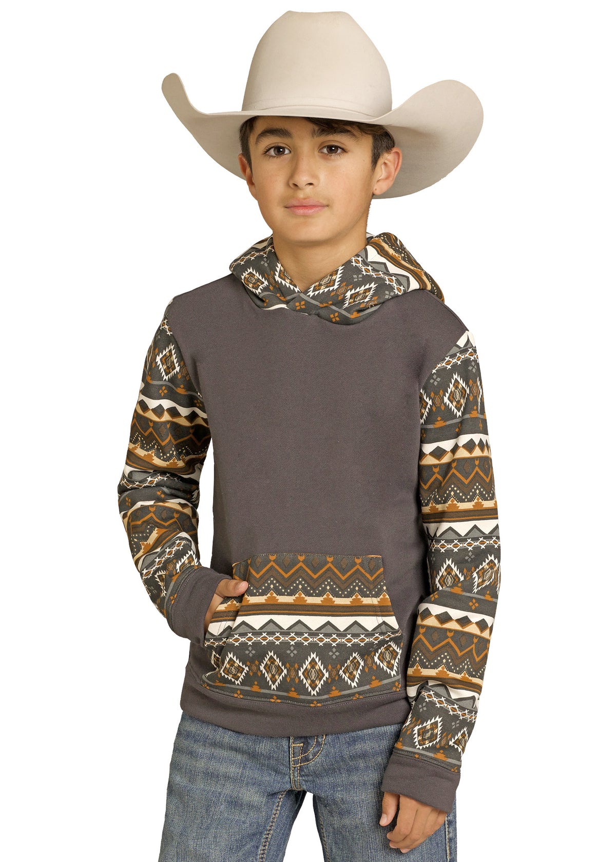 Child wearing a patterned hoodie and cowboy hat on a white background