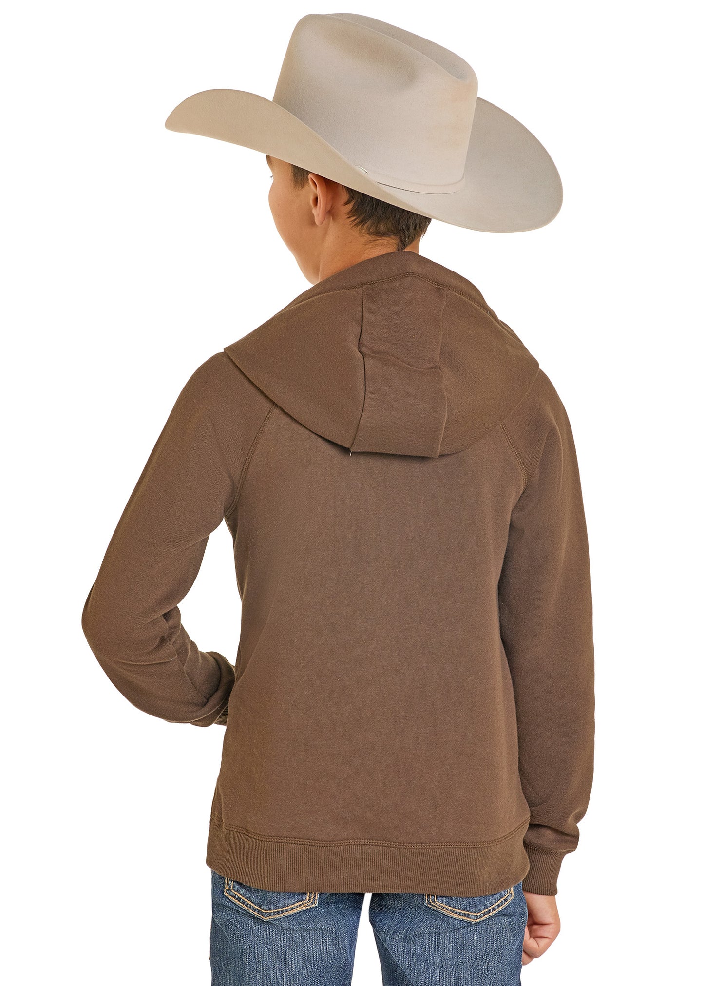 Person wearing a brown hoodie and cowboy hat on a white background