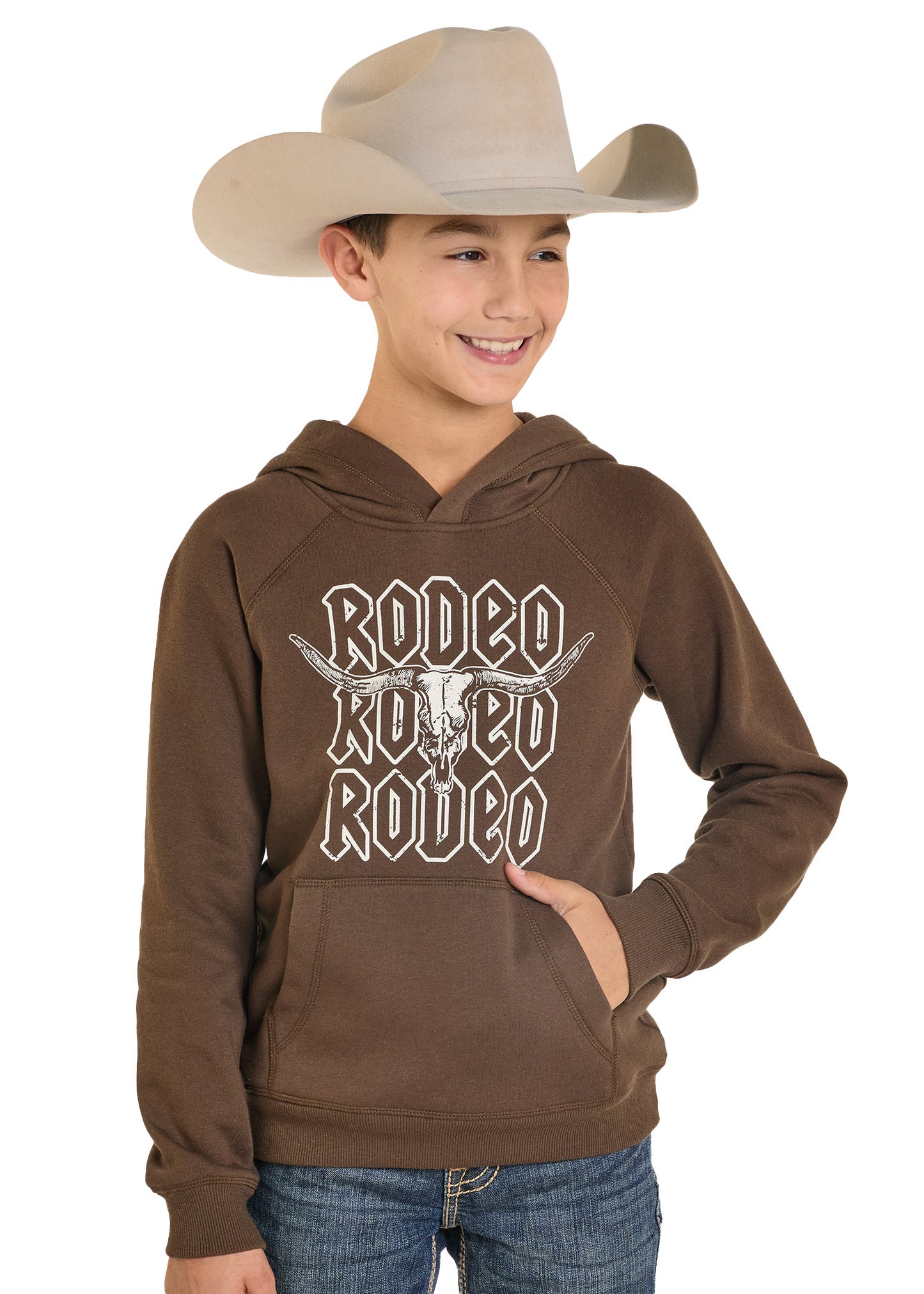 Child wearing a brown hoodie with 'Rodeo' text and a cowboy hat on a white background