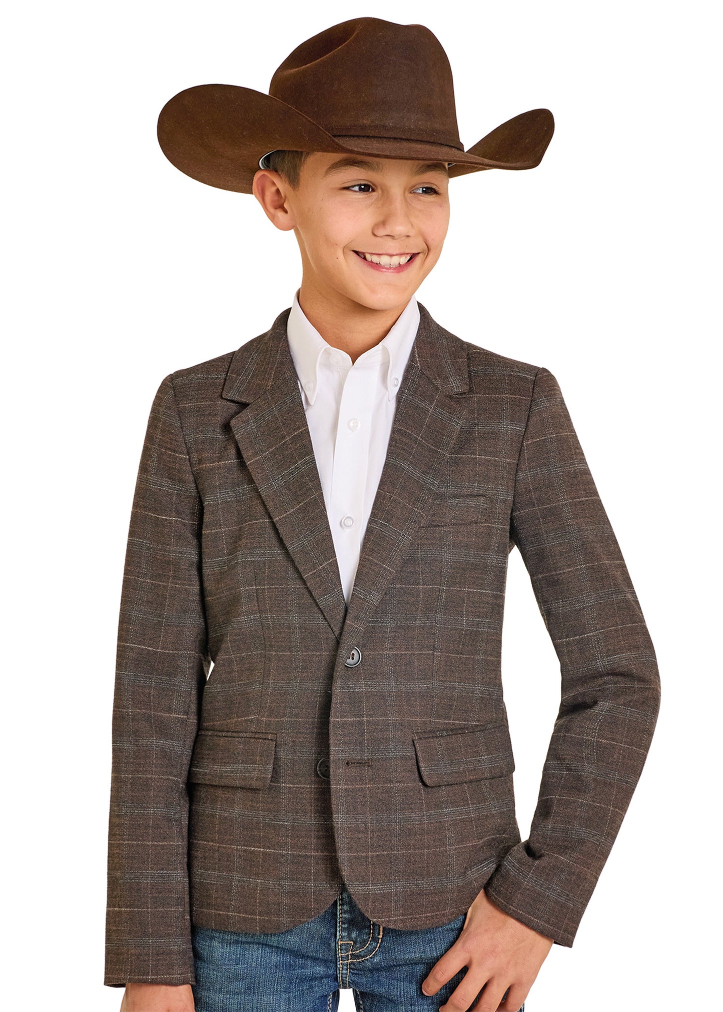 Child wearing a brown plaid blazer, white shirt, and jeans with a cowboy hat on a white background