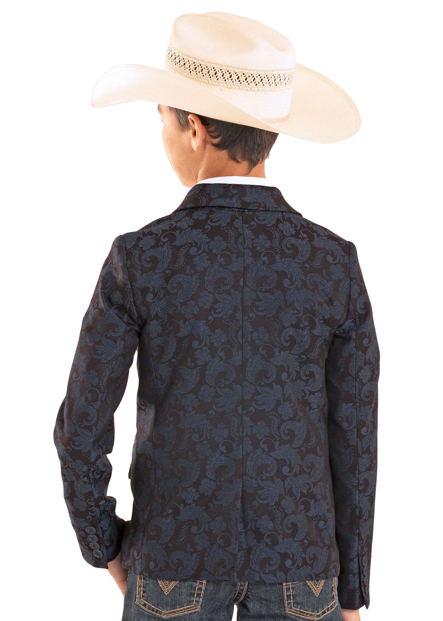 Person wearing a dark blue patterned jacket and beige cowboy hat on a white background