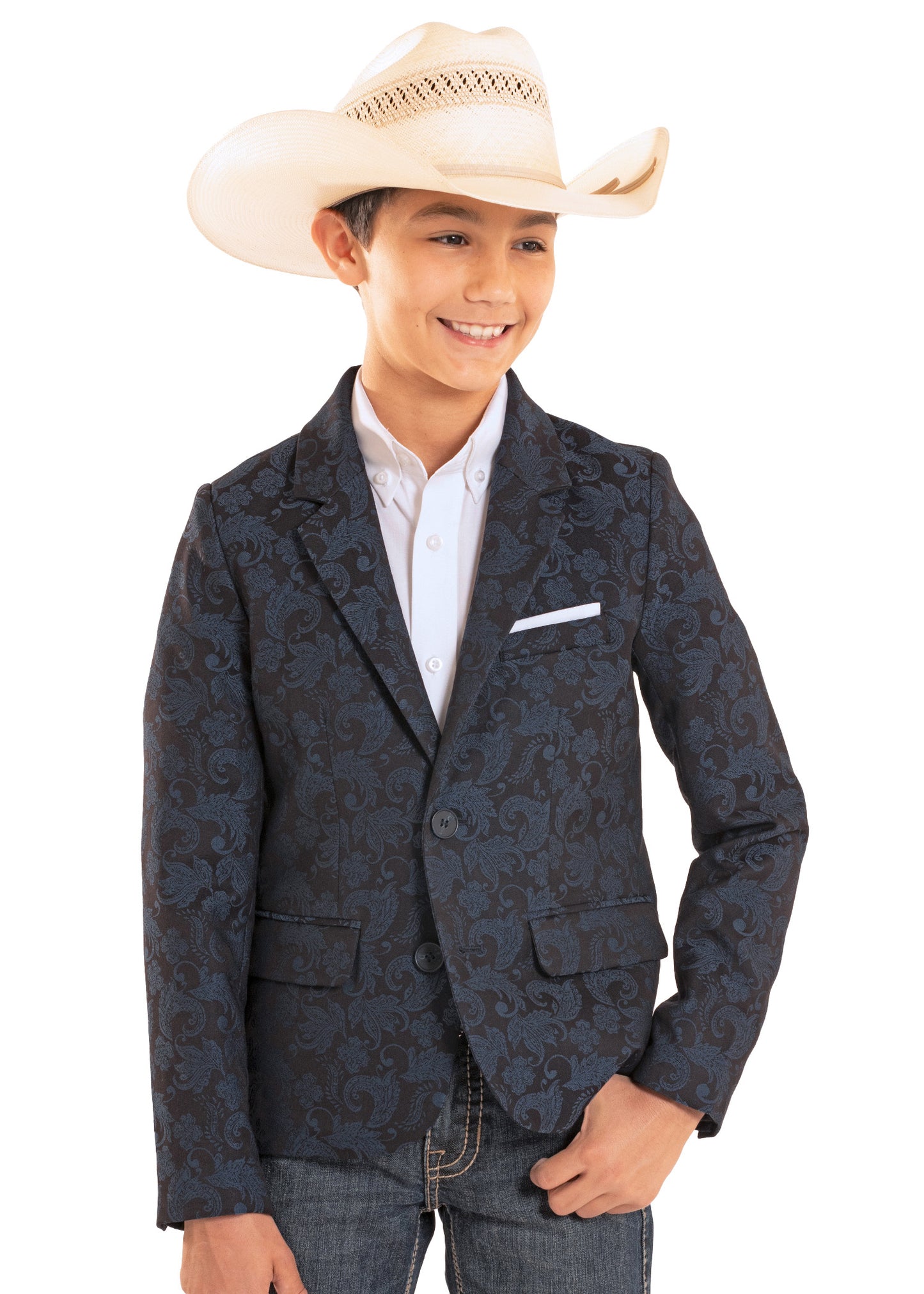 Child wearing a patterned blazer and cowboy hat on a white background