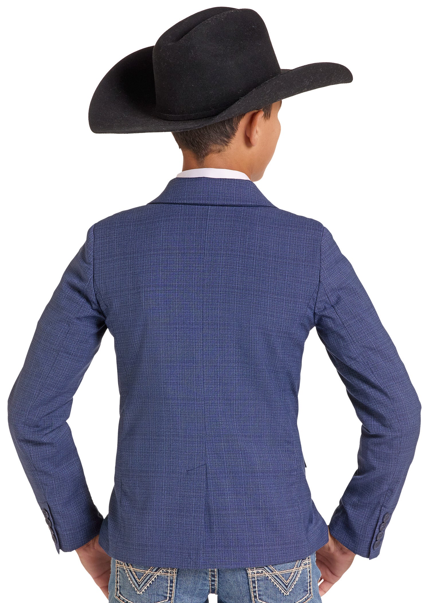A child model shown from the back wearing a blue plaid blazer, a black cowboy hat, and jeans against a plain white background.