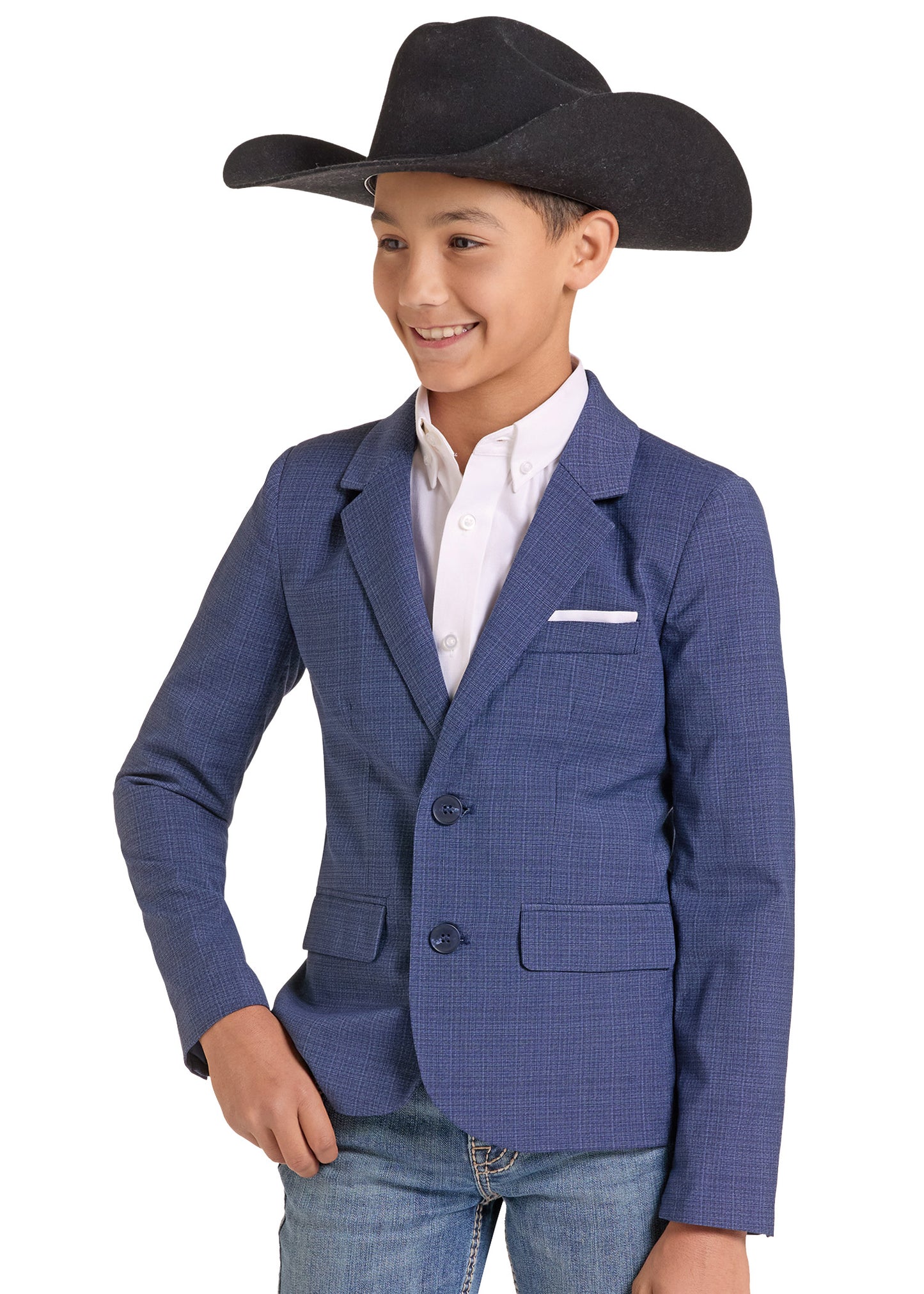 A young boy wearing a blue textured blazer, white dress shirt, blue jeans, and a black cowboy hat, photographed against a solid white background.