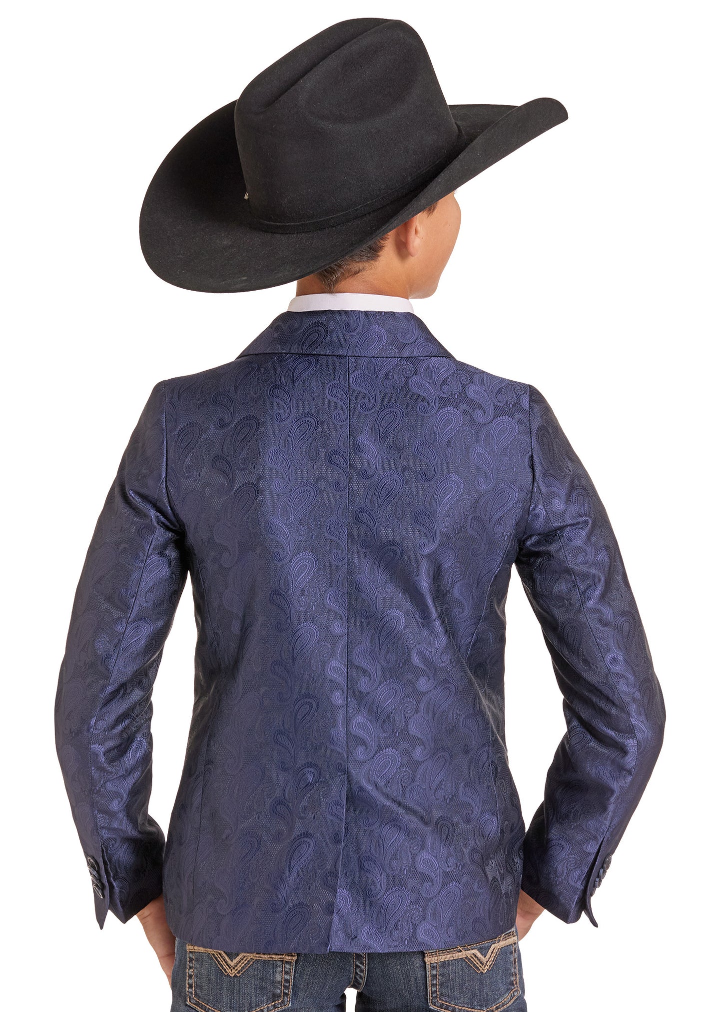 A child shown from the back wearing a dark navy blue paisley patterned blazer, a black cowboy hat, and blue jeans against a white background.