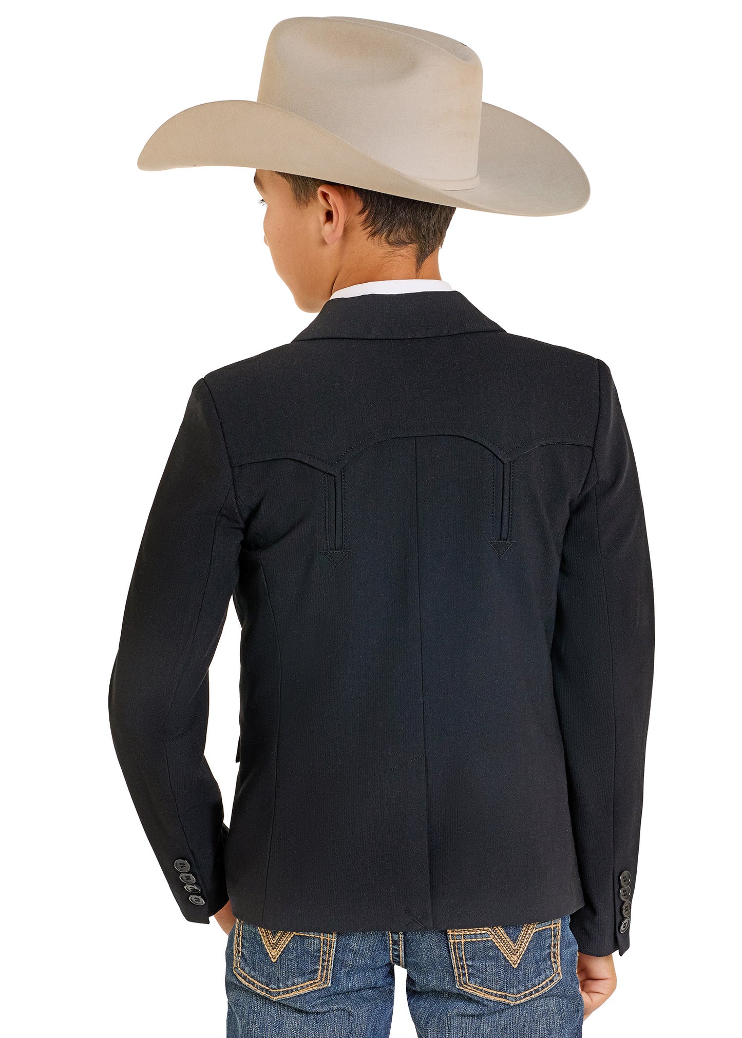 A child model shown from the back wearing a dark navy western blazer, a beige cowboy hat, and blue jeans with contrast stitching, against a plain white background.