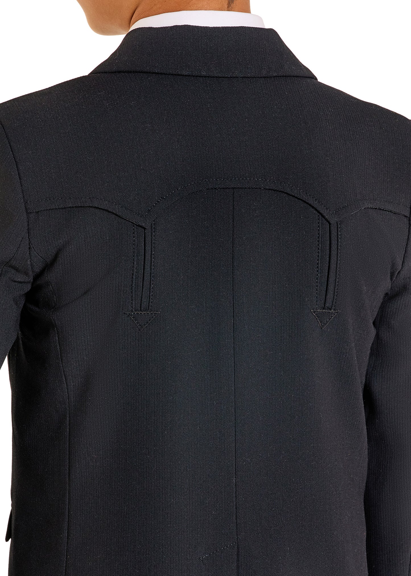 Close-up back view of a person wearing a dark tailored jacket over a white collared shirt, against a plain white background.
