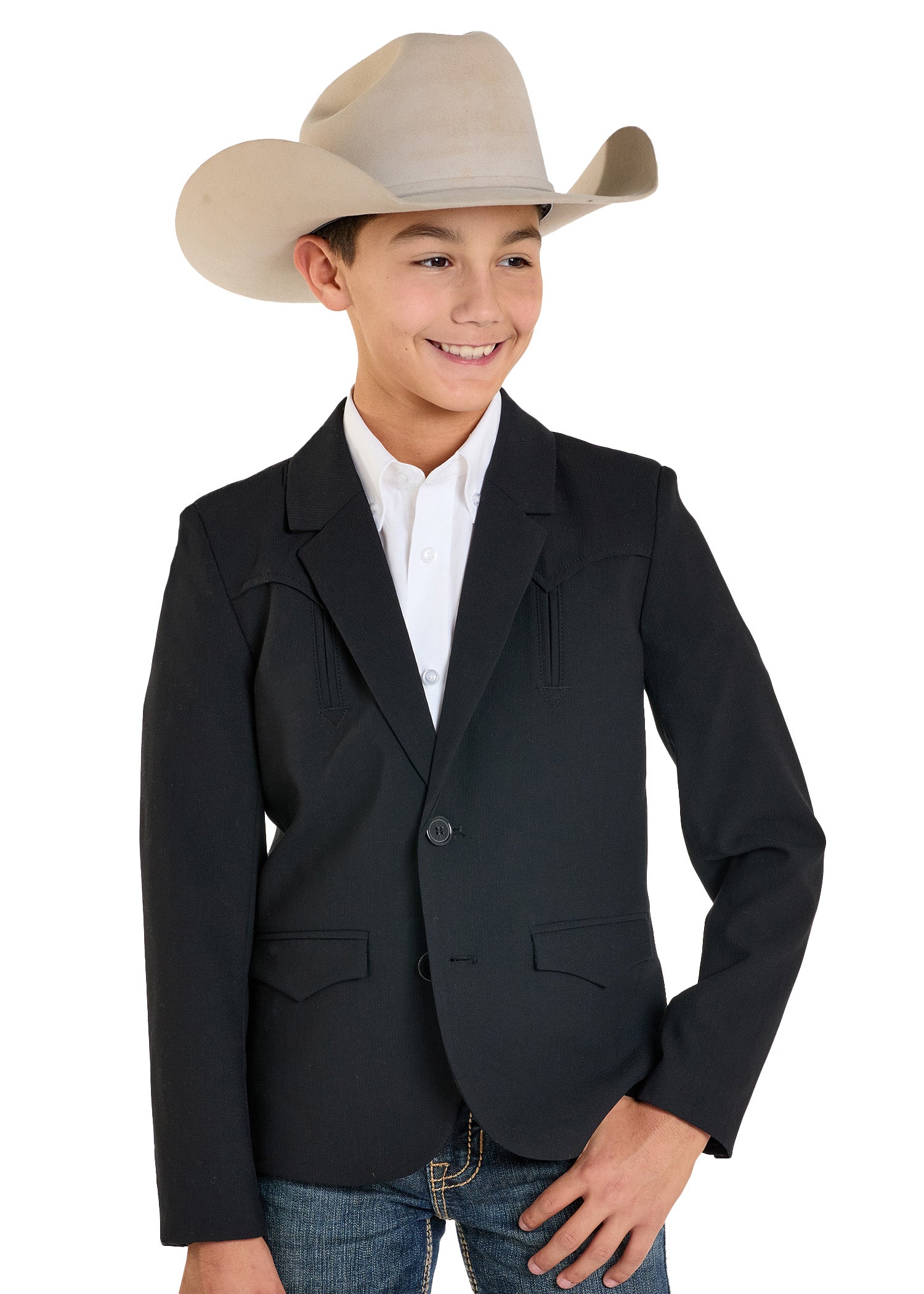 A young boy wearing a black western-style blazer, white shirt, blue jeans, and a beige cowboy hat, photographed against a plain white background.
