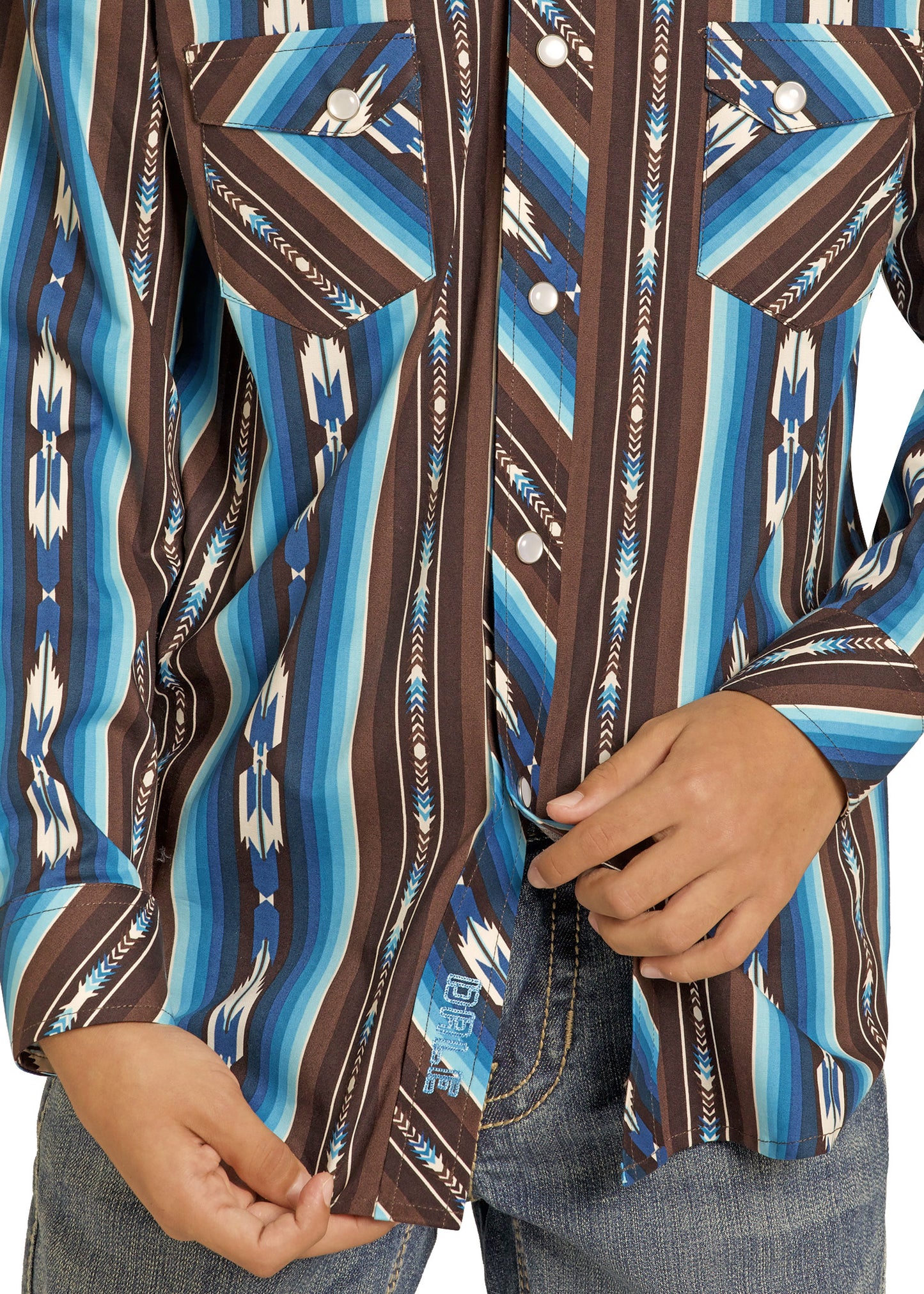 Close-up of a person wearing a patterned shirt with blue and brown design.