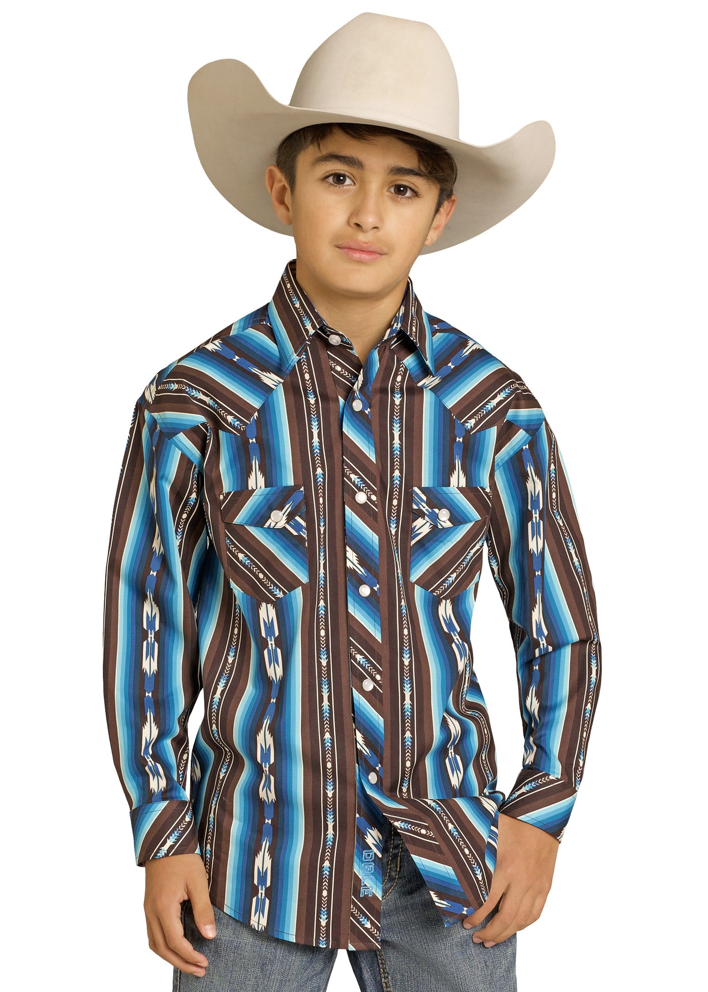 Child wearing a patterned western shirt and cowboy hat on a white background