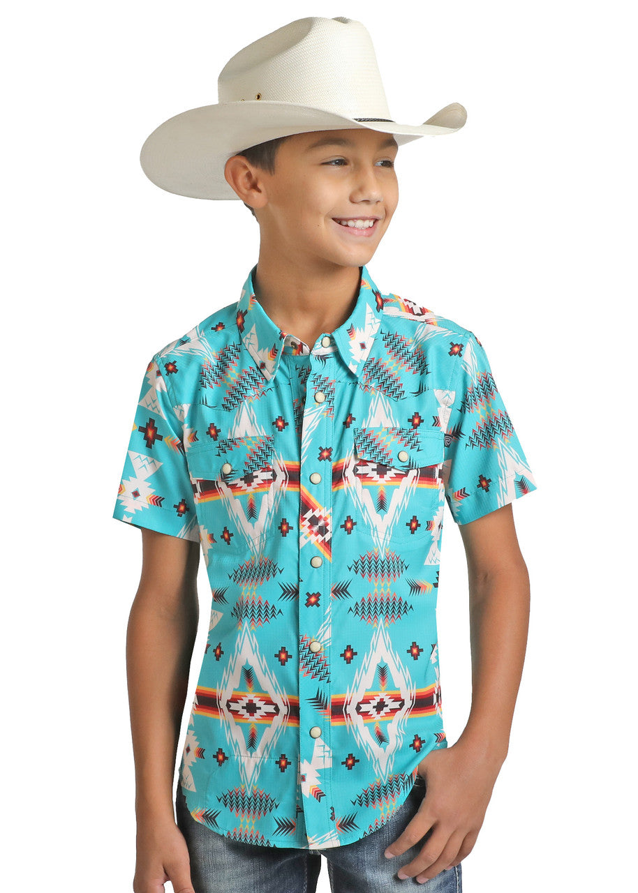 Boys' TEK Western Aztec Print Short Sleeve Snap Shirt