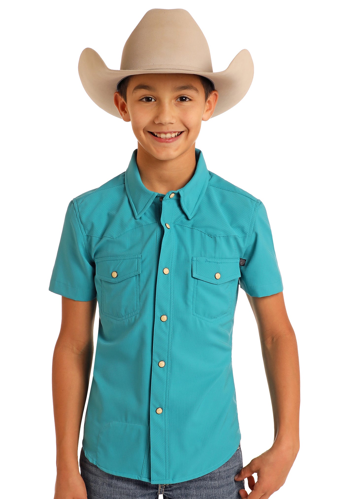 Boy wearing a turquoise western snap shirt and cowboy hat. 